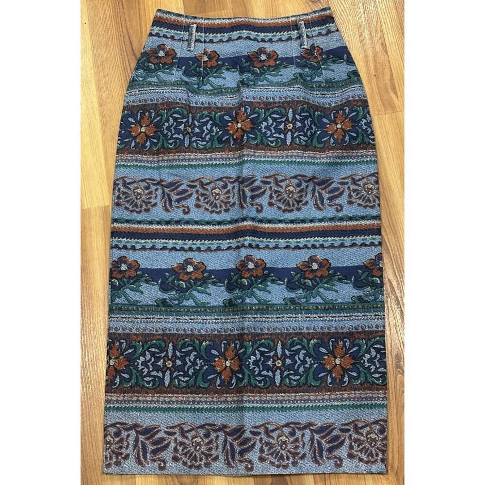Vintage  Vivaldi Jeanswear Denim Floral Skirt Women Sz 8 Pencil Long 80s Modest